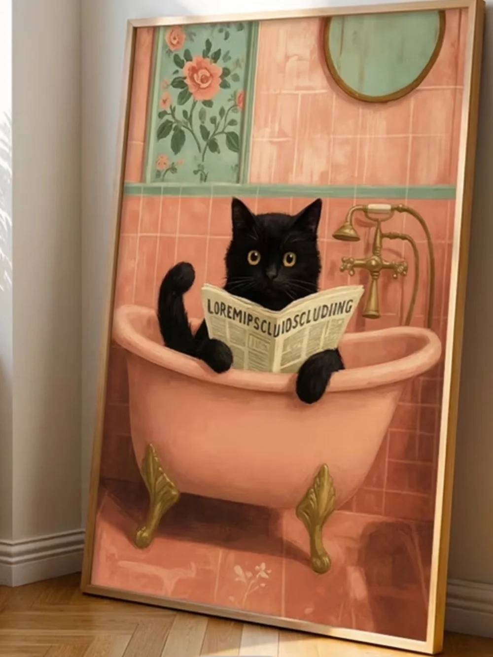 Black cat in bathtub canvas print - pink